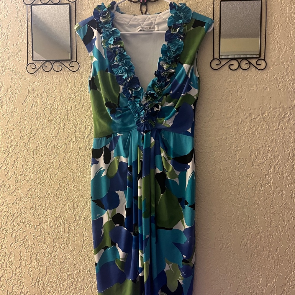 Maggy London Blue and Green Floral Midi Dress